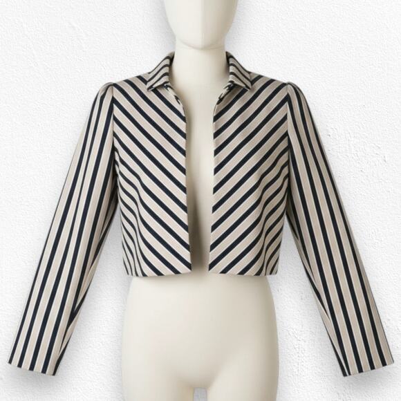 Vintage American Jackets & Blazers - 80s Vintage Gold Black Striped Silk Blend Cropped USA Made Power Blazer Size 12